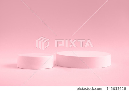 Podium for cosmetic product presentation. Abstract minimal geometrical form. Cylinder stone sphere two forms, shadow. Scene to show products. Showcase, display. Trendy sunlight. Front view. 3D Podium for cosmetic product presentation. Abstract minimal geometrical form. Cylinder stone sphere two forms, shadow. Scene to show products. Showcase, display. Trendy sunlight. Front view. 3D 143033626