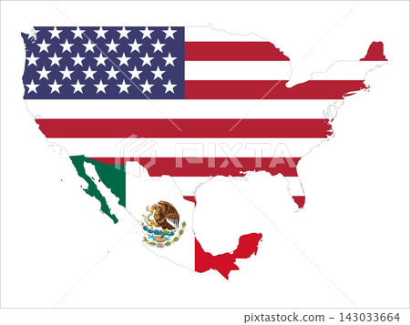 Flag map outline shape of North American Countries - United States and Mexico. Flags of countries fill the shapes with their colors. Symbol of regional cooperation, identity and partnership Flag map outline shape of North American Countries - United States and Mexico. Flags of countries fill the shapes with their colors. Symbol of regional cooperation, identity and partnership 143033664