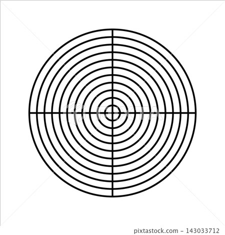 Polar grid of 10 concentric circles and 90 degrees steps. Blank vector polar graph paper. Polar grid of 10 concentric circles and 90 degrees steps. Blank vector polar graph paper. 143033712