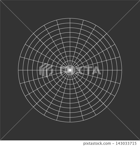 Inverse polar grid of 10 concentric circles and 15 degrees steps. Blank vector polar graph paper. 143033715