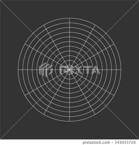 Inverse polar grid of 10 concentric circles and 30 degrees steps. Blank vector polar graph paper. 143033720