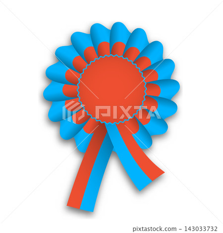 A round ribbon award features a bright red center surrounded by blue petals. The ribbon has red and blue tails hanging down. This represents achievement or recognition in competitions. 143033732