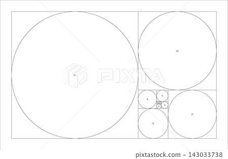 Fibonacci sequence of circles. Golden ratio geometric concept. Vector illustration. Fibonacci sequence of circles. Golden ratio geometric concept. Vector illustration. 143033738