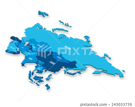 Isometric political map of Asia. Blue land with country name labels on white background. 3D vector illustration Isometric political map of Asia. Blue land with country name labels on white background. 3D vector illustration 143033739