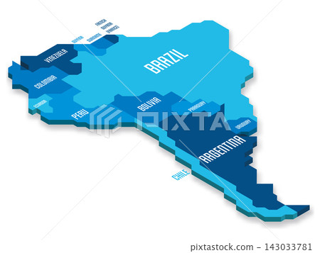 Isometric political map of South America. Blue land with country name labels on white background. 3D vector illustration 143033781