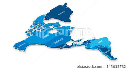 Isometric political map of Americas. Blue land with country name labels on white background. 3D vector illustration 143033782
