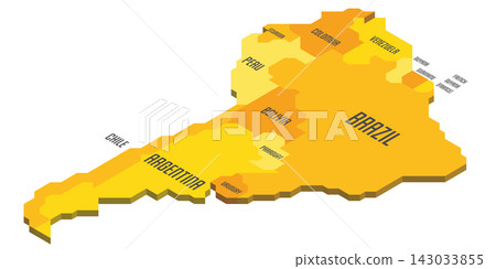 Isometric political map of South America. Colorful land with country name labels on white background. 3D vector illustration Isometric political map of South America. Colorful land with country name labels on white background. 3D vector illustration 143033855