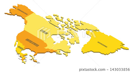 Isometric political map of North America. Colorful land with country name labels on white background. 3D vector illustration 143033856