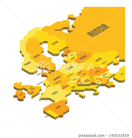 Isometric political map of Europe. Colorful land with country name labels on white background. 3D vector illustration 143033859