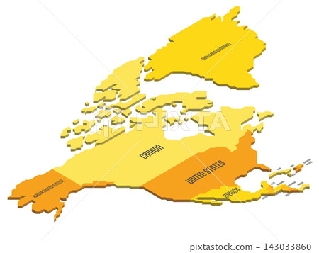 Isometric political map of North America. Colorful land with country name labels on white background. 3D vector illustration Isometric political map of North America. Colorful land with country name labels on white background. 3D vector illustration 143033860