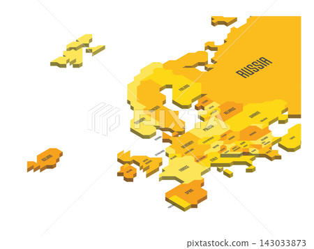 Isometric political map of Europe. Colorful land with country name labels on white background. 3D vector illustration Isometric political map of Europe. Colorful land with country name labels on white background. 3D vector illustration 143033873