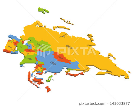 Isometric political map of Asia. Colorful land with country name labels on white background. 3D vector illustration Isometric political map of Asia. Colorful land with country name labels on white background. 3D vector illustration 143033877