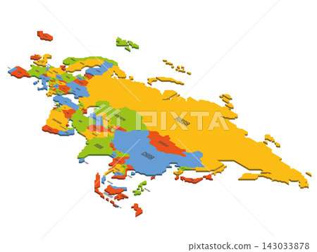 Isometric political map of Eurasia. Colorful land with country name labels on white background. 3D vector illustration 143033878