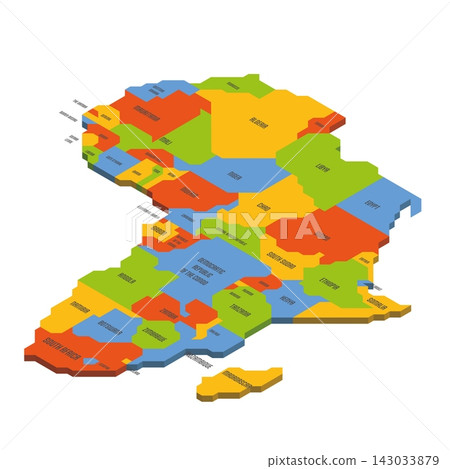 Isometric political map of Africa. Colorful land with country name labels on white background. 3D vector illustration Isometric political map of Africa. Colorful land with country name labels on white background. 3D vector illustration 143033879