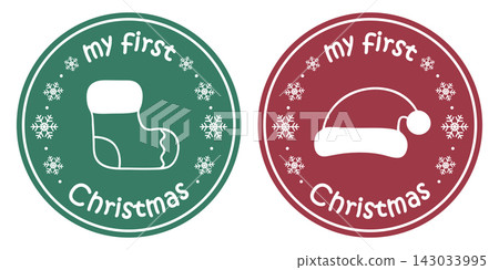 cute babys first christmas sticker with sock and santa hat vector illustration cute babys first christmas sticker with sock and santa hat vector illustration 143033995