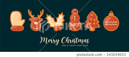 christmas greeting card with cookies gingerbread set sweet decoration vector illustration christmas greeting card with cookies gingerbread set sweet decoration vector illustration 143034015
