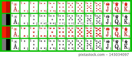 Full deck of 52 playing cards arranged by suit on green background Full deck of 52 playing cards arranged by suit on green background 143034097