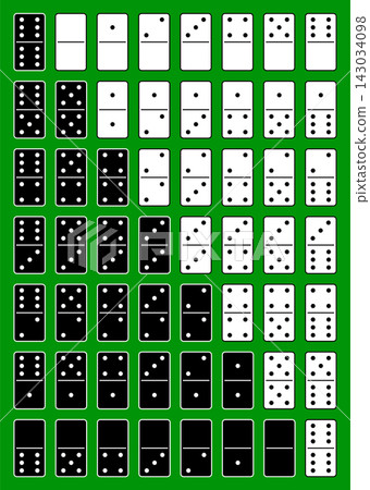 Complete set of domino bones in contrasting black and white styles on green background Complete set of domino bones in contrasting black and white styles on green background 143034098
