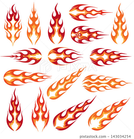 The image shows a collection of stylized vector stickers featuring flames and hot-rod style fire graphics The image shows a collection of stylized vector stickers featuring flames and hot-rod style fire graphics 143034254