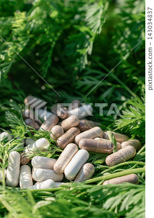 Close-up of white and clear herbal capsules with dietary supplements scattered, fresh green carrot tops. Healthy lifestyle, vegan vitamins, naturopathy, sports nutrition, and organic medical products Close-up of white and clear herbal capsules with dietary supplements scattered, fresh green carrot tops. Healthy lifestyle, vegan vitamins, naturopathy, sports nutrition, and organic medical products 143034837