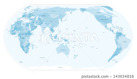 Map of World in new Equal Earth projection. High-quality political map. Editable vector illustration with layers and country names. Oceania centered map. Blue colored design. Map of World in new Equal Earth projection. High-quality political map. Editable vector illustration with layers and country names. Oceania centered map. Blue colored design. 143034838
