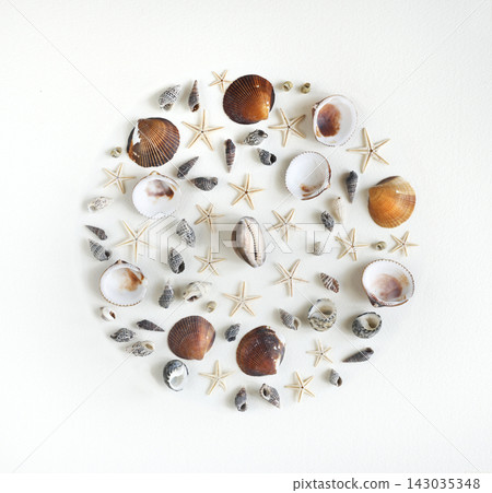 Sea shells flat lay starfish mandala creative pattern composition. Ocean finds texture aesthetic geometric frame nature mosaic. Interior design poster wall art eco friendly handmade concept. Sea shells flat lay starfish mandala creative pattern composition. Ocean finds texture aesthetic geometric frame nature mosaic. Interior design poster wall art eco friendly handmade concept. 143035348