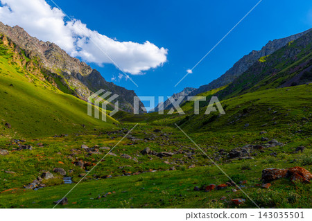 Vibrant Green Mountain Valley with Stream and Blue Sky Vibrant Green Mountain Valley with Stream and Blue Sky 143035501