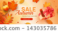 Autumn sale gift. 3d present ribbon fall dry leaves, maple leaf foliage thanksgiving offer shopping promotion banner orange background realistic poster design vector illustration 143035786
