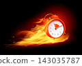 Alarm clock fire. 3d timer sale countdown red flame time speed hot discount price alert warning burn deadline fast promotion urgency notice rapid hour realistic vector illustration 143035787