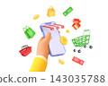 3d mobile shopping. Online shop phone digital store sale, hand hold smartphone buy shop bag cart gift coupon discount voucher internet commerce market realistic vector illustration 143035788