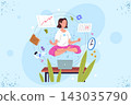 Woman work meditation. Employee office yoga, relax calm posture focus stress health zen person laptop desk break workplace business corporate wellbeing flat vector illustration 143035790