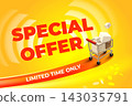 Special offer poster. 3d shopping cart with goods boxes, realistic shop discount store market sale retail deal advertising banner promotion design background vector illustration 143035791