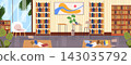 Public library interior. School book reading room, college bookshelf university study desk learn table shelf education vintage wooden bookcase books shop hall vector illustration 143035792