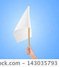 Hand hold white flag. Realistic arm holding small empty blank flags on wooden stick surrender concept 3d template isolated vector illustration 143035793