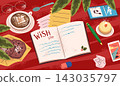 Christmas wish list. Letter to santa notebook table, xmas workplace desk top view gift card present kid hand paper note pen children winter holiday dream claus vector illustration 143035797