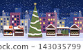 Christmas fair. Winter night street market snow, stall festive shop huts holiday gift xmas tree gingerbread town square lantern santa snow city background vector illustration 143035799
