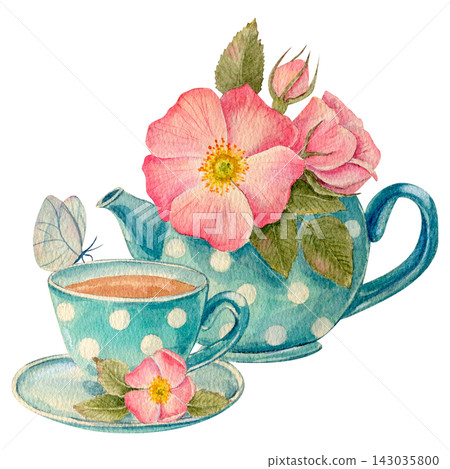 Vintage watercolor teapot and cup set with pink wild roses and white butterfly. Vintage watercolor teapot and cup set with pink wild roses and white butterfly. 143035800