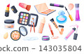 Makeup cosmetic products. Make up beauty cosmetics skincare face care lipstick mascara brush powder cream concealer bottle palette tube fashion cartoon set neat vector illustration 143035804