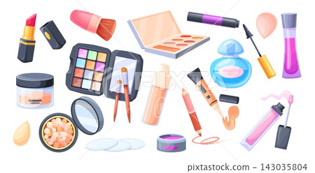 Makeup cosmetic products. Make up beauty cosmetics skincare face care lipstick mascara brush powder cream concealer bottle palette tube fashion cartoon set neat vector illustration 143035804