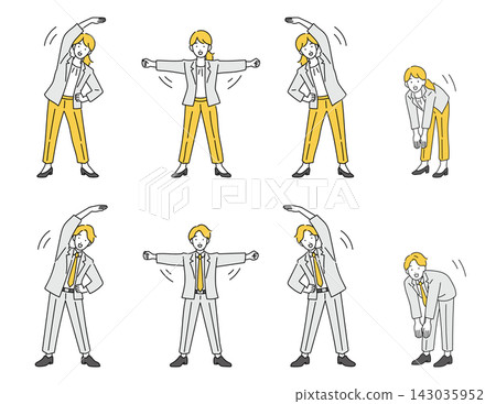 A set of illustrations of male and female office workers doing radio calisthenics. A set of illustrations of male and female office workers doing radio calisthenics. 143035952