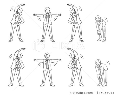 一組描繪男女辦公室職員進行無線電體操的插圖。 一組描繪男女辦公室職員進行無線電體操的插圖。 143035953