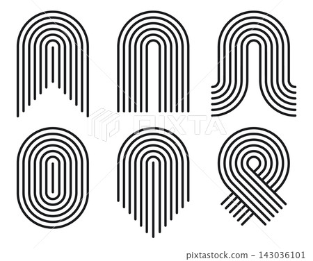 Modern arch ornaments. Abstract curved figures, bauhaus striped shapes flat vector illustration set. Geometric contemporary shapes Modern arch ornaments. Abstract curved figures, bauhaus striped shapes flat vector illustration set. Geometric contemporary shapes 143036101