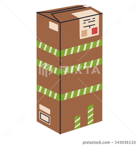 Taped shipping box. Brown cardboard package sealed with green striped tape flat vector illustration. Parcel delivery and logistics design Taped shipping box. Brown cardboard package sealed with green striped tape flat vector illustration. Parcel delivery and logistics design 143036110