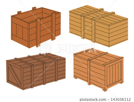 Wooden boxes. Brown wooden crates stacked arrangements flat vector illustration set. Storage shipping container graphics Wooden boxes. Brown wooden crates stacked arrangements flat vector illustration set. Storage shipping container graphics 143036112