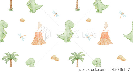 Seamless pattern with cute baby dinosaur t-rex. Watercolour repeating nursery print for kids. Isolated hand drawn colorful illustrations Seamless pattern with cute baby dinosaur t-rex. Watercolour repeating nursery print for kids. Isolated hand drawn colorful illustrations 143036167