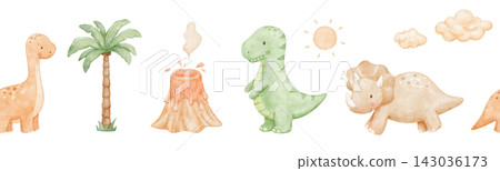 Seamless border with cute baby dinosaur, palm and volcano. Watercolour repeating nursery banner for kids. Colorful isolated illustrations Seamless border with cute baby dinosaur, palm and volcano. Watercolour repeating nursery banner for kids. Colorful isolated illustrations 143036173