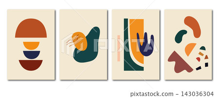 Vector flat abstract posters. Minimalist illustrations with shadow, geometric shapes, lines and pastel colors. In vintage style. Design for wall decoration, cardboard, poster or brochure. 143036304