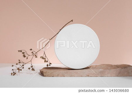 Podium for cosmetic product presentation. Minimal geometrical form and natural Stone. Cylinder sphere, geometric circle scene, soft shadow. Front view Podium for cosmetic product presentation. Minimal geometrical form and natural Stone. Cylinder sphere, geometric circle scene, soft shadow. Front view 143036680