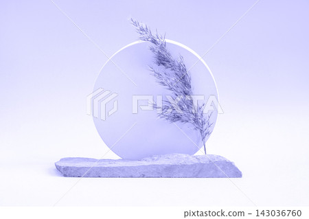 Podium for cosmetic product presentation. Abstract minimal geometrical form. Cylinder sphere, natural stone. Soft shadow. Scene to show products. Showcase, display case. Dry pampas grass. Front view Podium for cosmetic product presentation. Abstract minimal geometrical form. Cylinder sphere, natural stone. Soft shadow. Scene to show products. Showcase, display case. Dry pampas grass. Front view 143036760