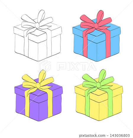 gift box with ribbon bow Isolated icon hand drawn illustration. Vector graphic line ink art. birthday gift holiday present box Sample poster, invitation, holiday banner, postcard. gift box with ribbon bow Isolated icon hand drawn illustration. Vector graphic line ink art. birthday gift holiday present box Sample poster, invitation, holiday banner, postcard. 143036803